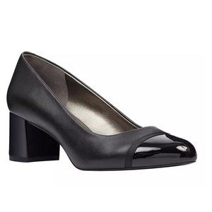 Bandolino Odelia Pump - Women's Size 8M - Black Faux Leather & Patent Block Heel